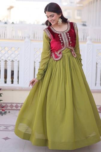 Mhendi green mal chanderi designer anarkali gown with koti