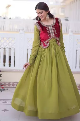 Mhendi green mal chanderi designer anarkali gown with koti