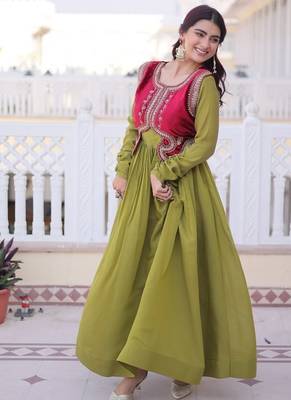 Mhendi green mal chanderi designer anarkali gown with koti 2