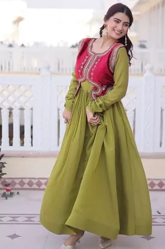 Mhendi green mal chanderi designer anarkali gown with koti