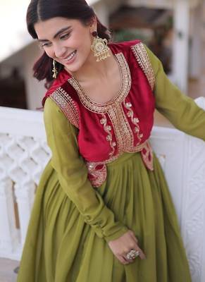 Mhendi green mal chanderi designer anarkali gown with koti 3
