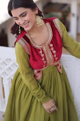 Mhendi green mal chanderi designer anarkali gown with koti