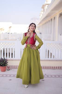Mhendi green mal chanderi designer anarkali gown with koti 4