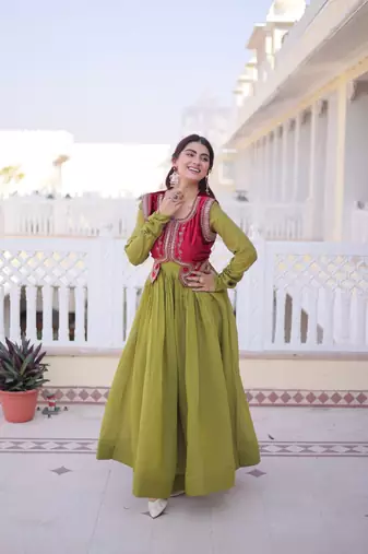 Mhendi green mal chanderi designer anarkali gown with koti