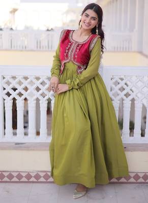 Mhendi green mal chanderi designer anarkali gown with koti 5