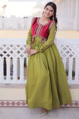 Mhendi green mal chanderi designer anarkali gown with koti