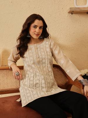 hand embroidered fawn cotton lucknowi chikankari short kurti 5