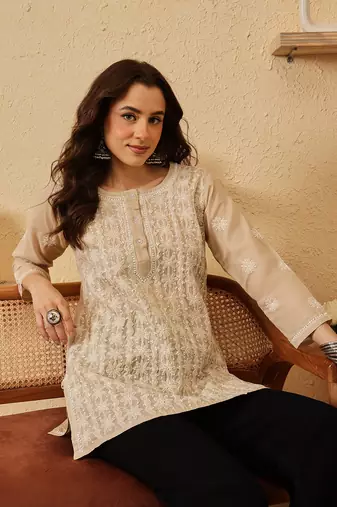 hand embroidered fawn cotton lucknowi chikankari short kurti
