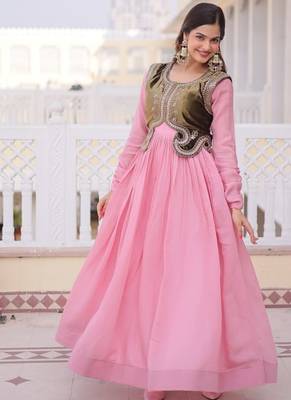 Pink mal chanderi designer anarkali gown with koti 1