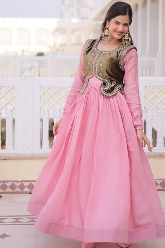 Pink mal chanderi designer anarkali gown with koti