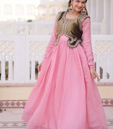 Pink mal chanderi designer anarkali gown with koti