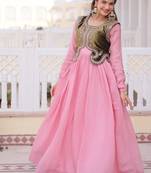 Pink mal chanderi designer anarkali gown with koti