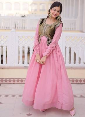 Pink mal chanderi designer anarkali gown with koti 2