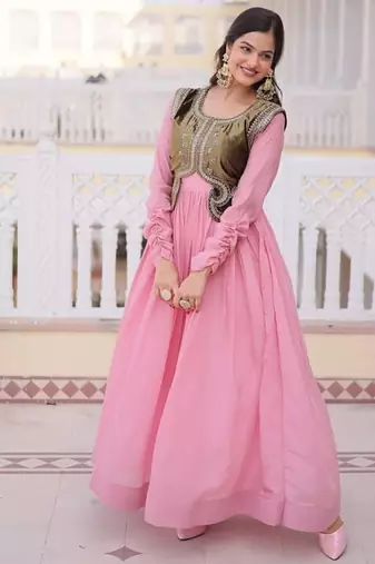 Pink mal chanderi designer anarkali gown with koti