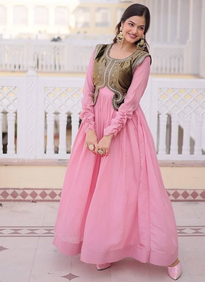 Pink mal chanderi designer anarkali gown with koti