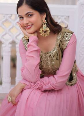 Pink mal chanderi designer anarkali gown with koti 3