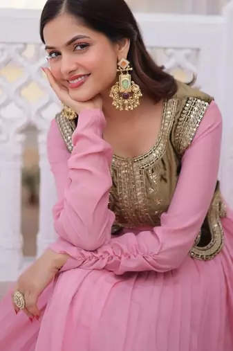 Pink mal chanderi designer anarkali gown with koti