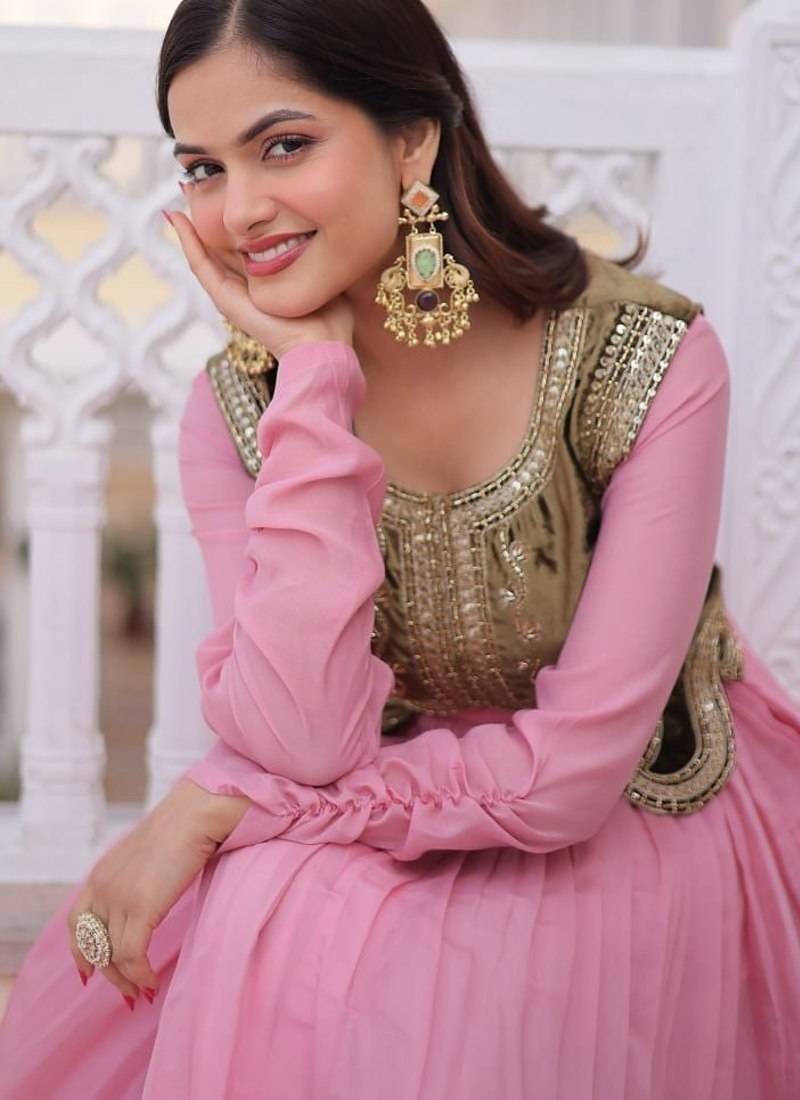 Pink mal chanderi designer anarkali gown with koti