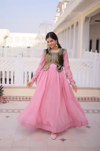 Pink mal chanderi designer anarkali gown with koti