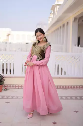 Pink mal chanderi designer anarkali gown with koti