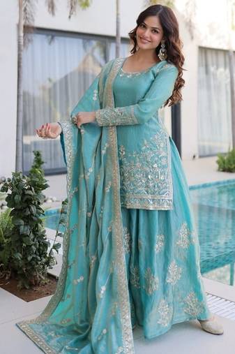 sky blue embroidered sharara suit set in fendi crush fabric