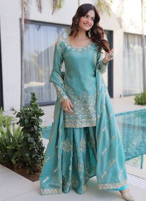 sky blue embroidered sharara suit set in fendi crush fabric 5