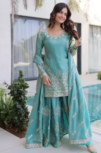 sky blue embroidered sharara suit set in fendi crush fabric