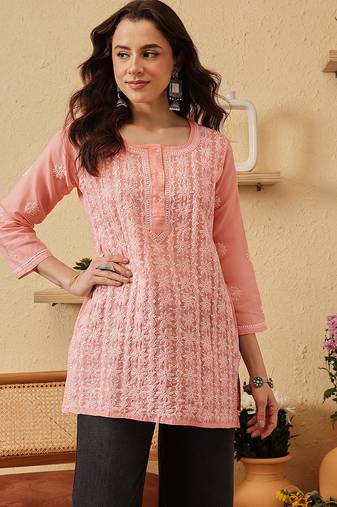 hand embroidered peach cotton lucknowi chikankari short kurti