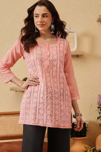 hand embroidered peach cotton lucknowi chikankari short kurti
