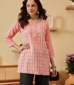 hand embroidered peach cotton lucknowi chikankari short kurti