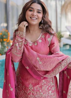 peach embroidered sharara suit set in fendi crush fabric 3