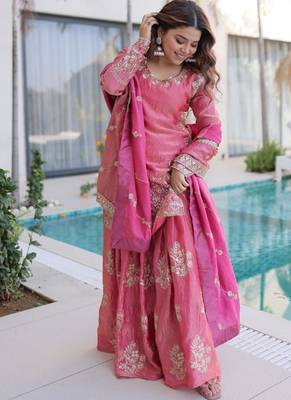 peach embroidered sharara suit set in fendi crush fabric 5