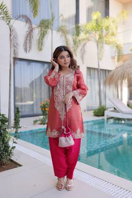 peach viscose zari sequins embroidered kurta farshi set festive wear 1