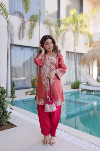 peach viscose zari sequins embroidered kurta farshi set festive wear
