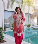 peach viscose zari sequins embroidered kurta farshi set festive wear