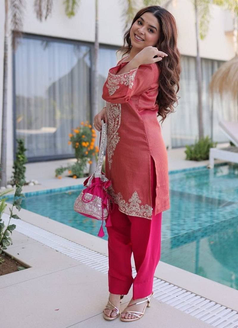 peach viscose zari sequins embroidered kurta farshi set festive wear