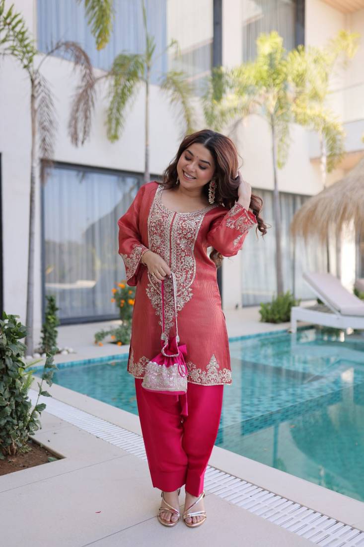 peach viscose zari sequins embroidered kurta farshi set festive wear