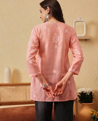 hand embroidered peach cotton lucknowi chikankari short kurti 2