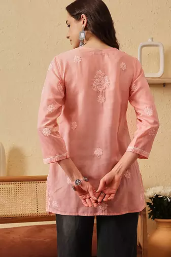 hand embroidered peach cotton lucknowi chikankari short kurti