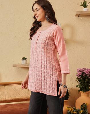 hand embroidered peach cotton lucknowi chikankari short kurti 3