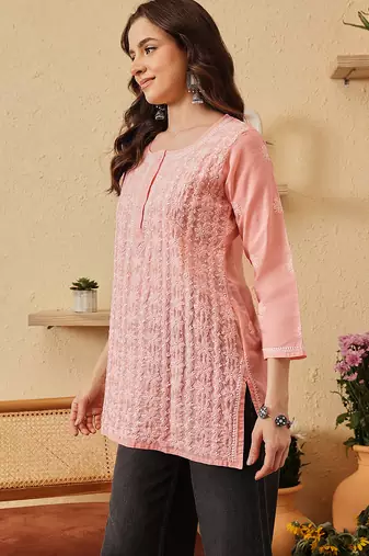 hand embroidered peach cotton lucknowi chikankari short kurti