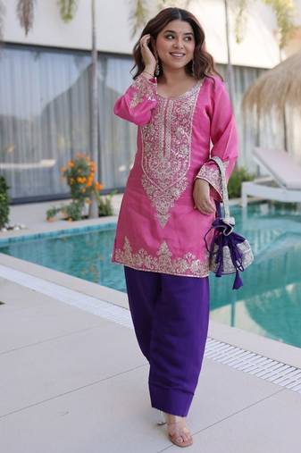 pink  viscose zari sequins embroidered kurta farshi set festive wear