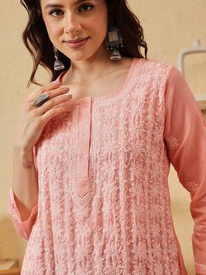 hand embroidered peach cotton lucknowi chikankari short kurti 4