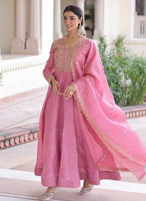 pretty pink sequins crushed engagement wear gown with dupatta stitched 1