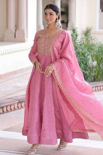 pretty pink sequins crushed engagement wear gown with dupatta stitched