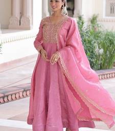 pretty pink sequins crushed engagement wear gown with dupatta stitched