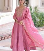 pretty pink sequins crushed engagement wear gown with dupatta stitched