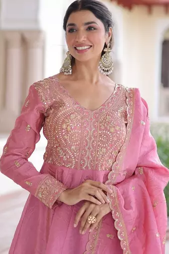 pretty pink sequins crushed engagement wear gown with dupatta stitched