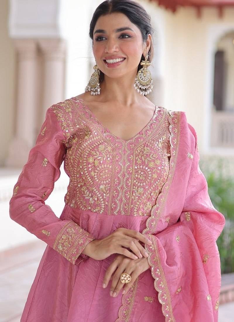 pretty pink sequins crushed engagement wear gown with dupatta stitched