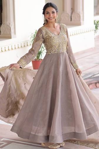 pretty brown  sequins crushed engagement wear gown with dupatta stitched
